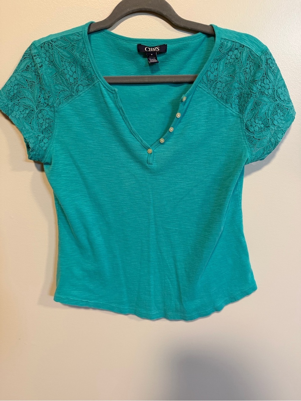 Chaps Teal Lace Sleeve Henley Top Medium Casual Cottagecore Summer Tee